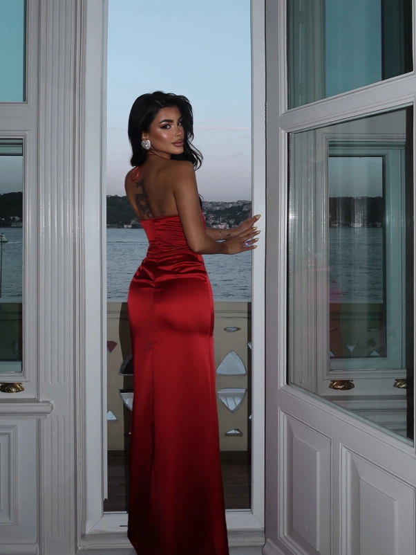 Crimson Satin Halter Dress