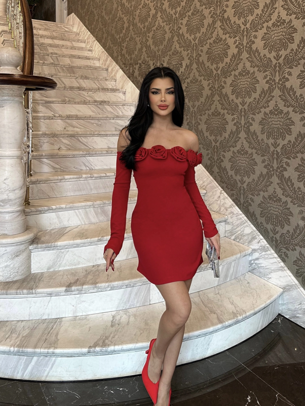 Red Rosette Off-Shoulder Dress