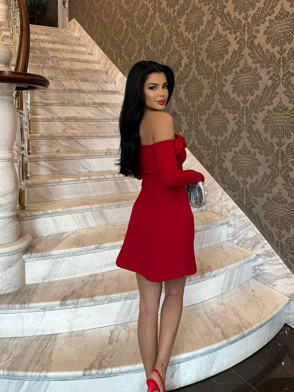 Red Rosette Off-Shoulder Dress