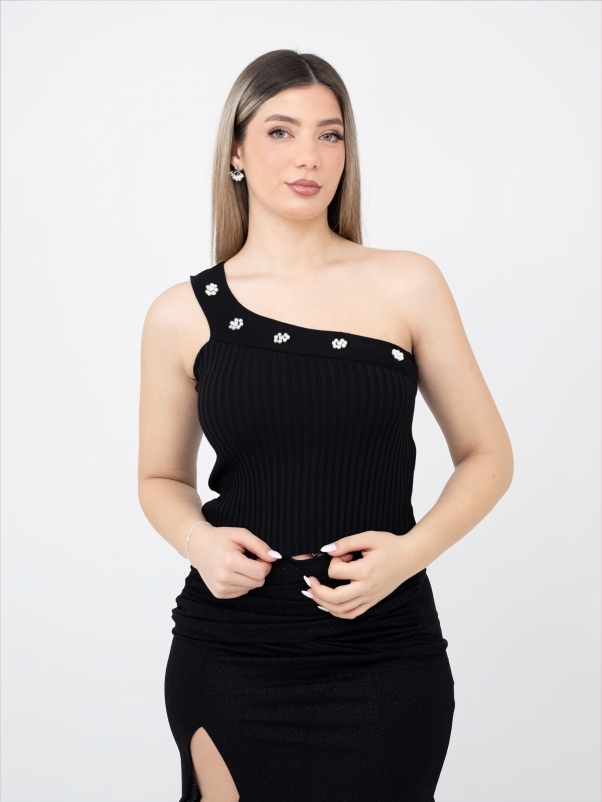 ΠΛΕΚΤΟ ΜΠΛΟΥΖΑΚΙ ΕΝΑΣ ΩΜΟΣ ΜΕ ΠΕΡΛΕΣ ΛΟΥΛΟΥΔΙΑ - ΜΑΥΡΟ